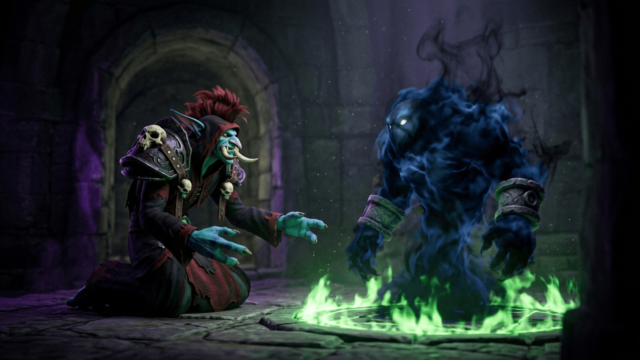Illustration: ein Troll-Hexenmeister mit blauer Haut, roter Irokesenfrisur und Hauern kniet in dunkelroter Robe mit Schädelschmuck vor einem grün leuchtenden Beschwörungskreis in einer Steingruft, aus dem ein schattenhafter Leerwandler aus blauschwarzem Rauch mit steinernen Armschienen aufsteigt