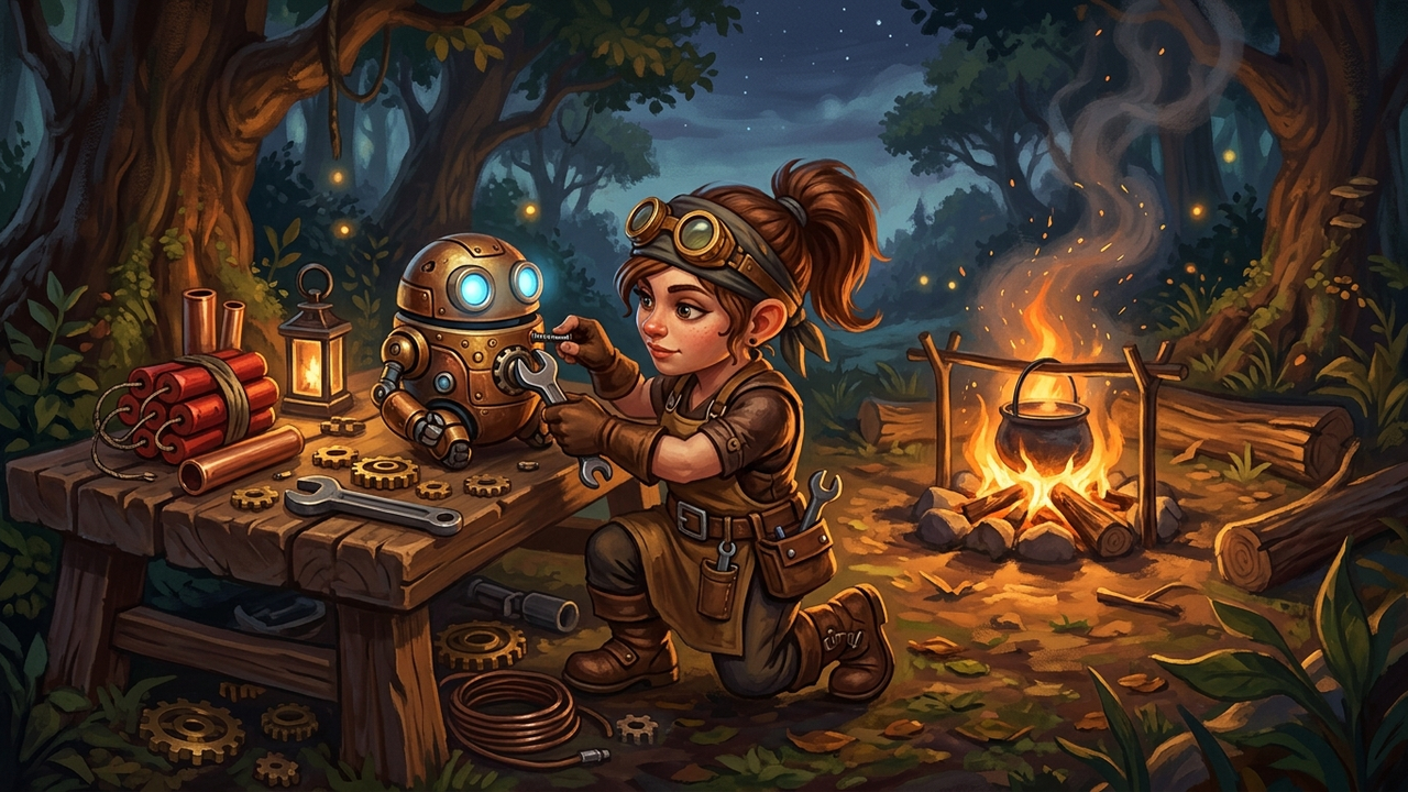 Illustration: ein Gnom mit Schutzbrille schraubt an einer Werkbank neben einem Lagerfeuer an einem kleinen Reparaturroboter, daneben liegen Zahnräder, Kupferrohre und ein Bündel Dynamitstangen, im Hintergrund die Abenddämmerung im Wald