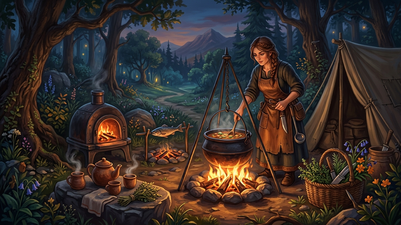 Illustration: an einem Lagerfeuer im abendlichen Wald rührt eine Köchin in Lederschürze in einem gusseisernen Topf, daneben ein kleiner Eisenofen, eine dampfende Teekanne, Fisch am Spieß und ein Korb mit Kräutern