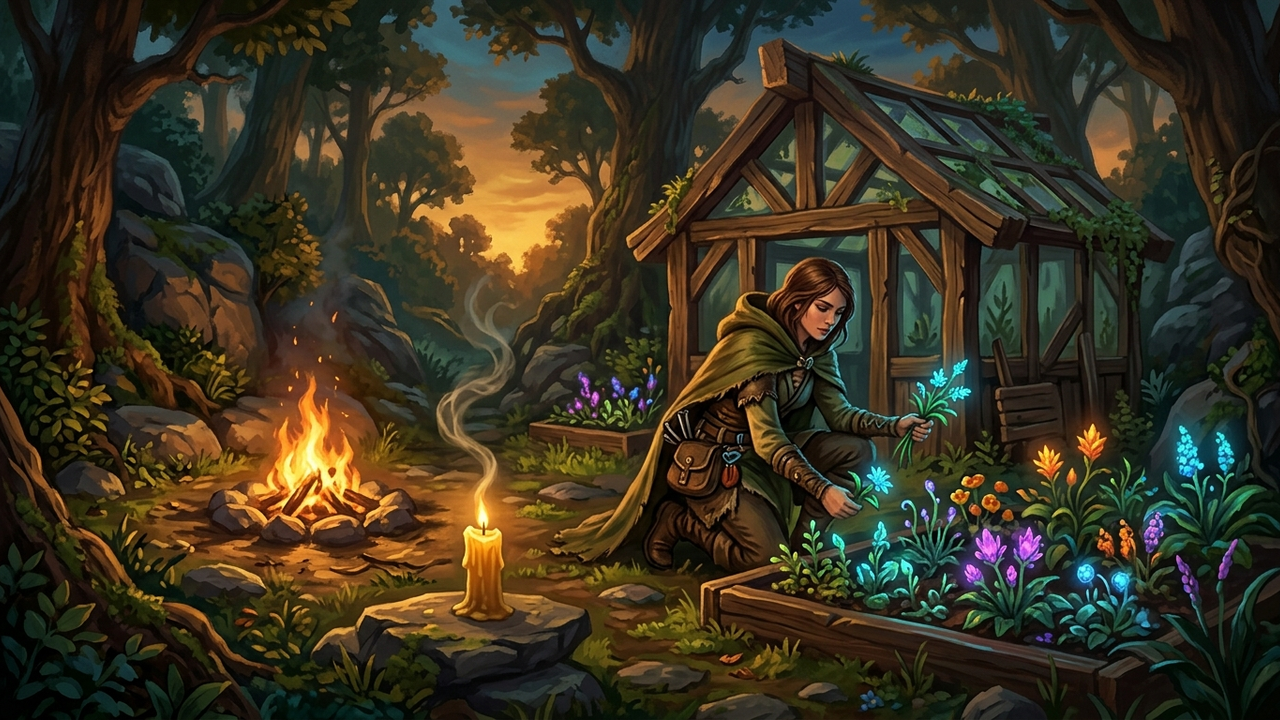 Illustration: eine Kräutersammlerin in grünem Reiseumhang kniet an einem kleinen hölzernen Gewächshaus neben einem Lagerfeuer im Abendlicht, vor ihr Beete mit leuchtenden Blüten, daneben eine brennende Räucherkerze auf einem Stein