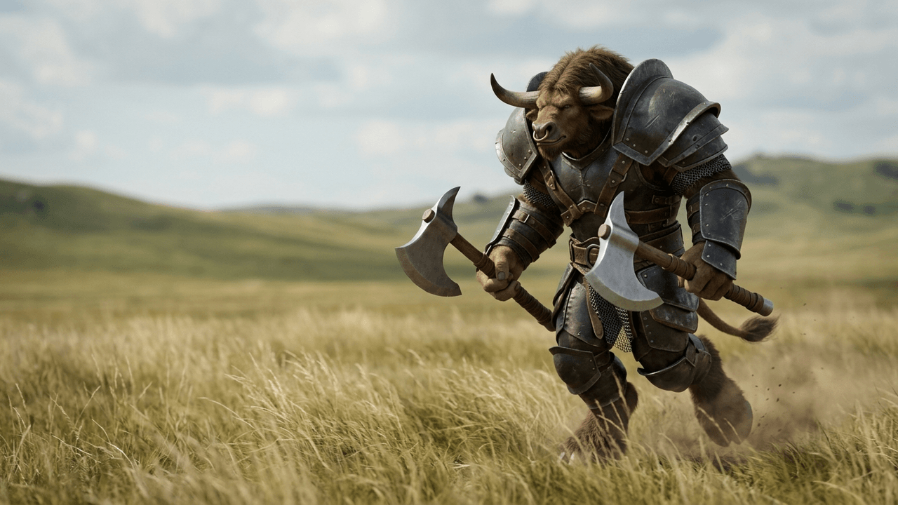 Filmstandbild: ein Tauren-Krieger mit braunem Fell, langen Hörnern und Nasenring in dunkler Plattenrüstung mit übergroßen Schulterstücken stürmt mit zwei einhändigen Äxten durch hohes goldenes Steppengras unter weitem Himmel