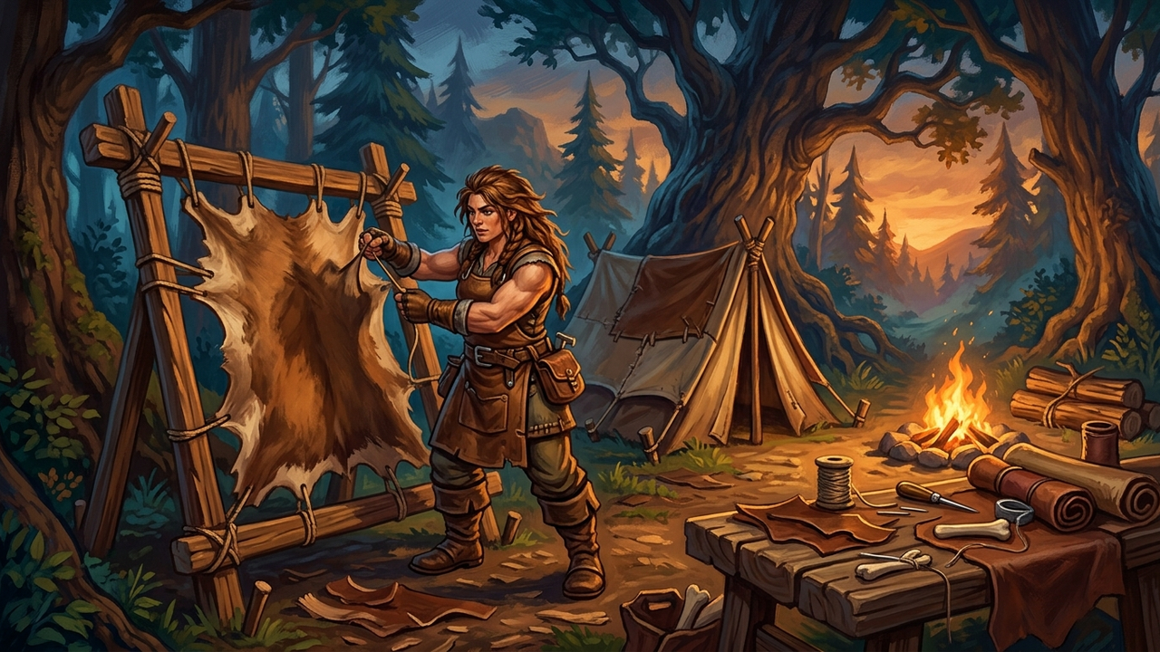 Illustration: eine Lederverarbeiterin spannt neben einem Lagerzelt ein Tierfell in einen hölzernen Gerbrahmen, daneben ein Lagerfeuer und ein Arbeitstisch mit Lederstücken, Ahle, Nadel und Faden, im Hintergrund Wald in der Abenddämmerung