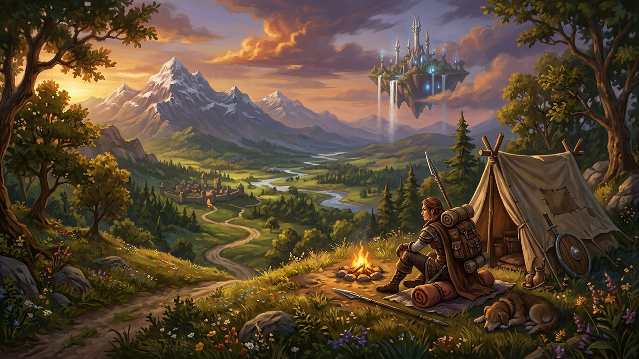 Illustration: eine Abenteurerin mit Rucksack rastet an einem Lagerfeuer vor einem Zelt auf einem Hügel, unter ihr ein Weg durch Wälder und Grasland zu fernen Bergen und einer schwebenden Insel am Himmel