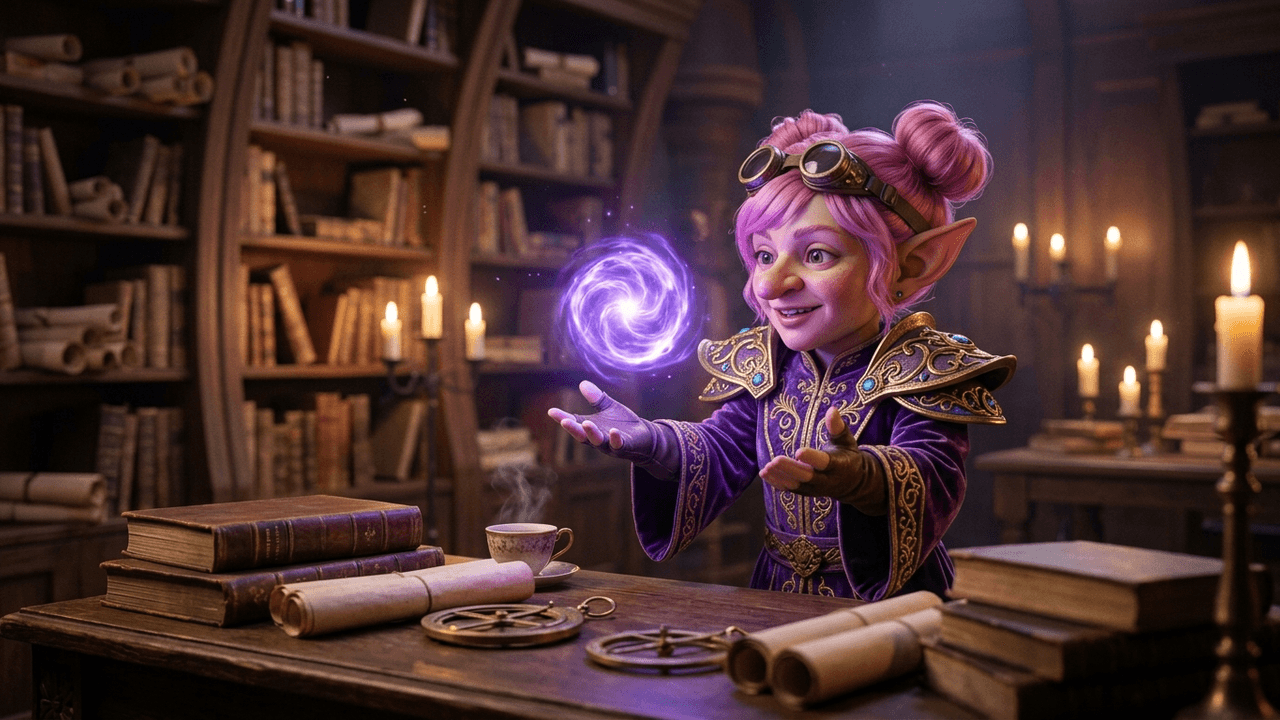 Filmstandbild: eine Gnomenmagierin mit rosa Haarknoten und Schutzbrille auf der Stirn in violett-goldener Robe mit übergroßen Schulterstücken steht an einem Holztisch in einer kerzenerleuchteten Turmbibliothek und lässt eine violette Arkankugel über ihren offenen Händen schweben, davor Bücher, Schriftrollen und eine dampfende Teetasse