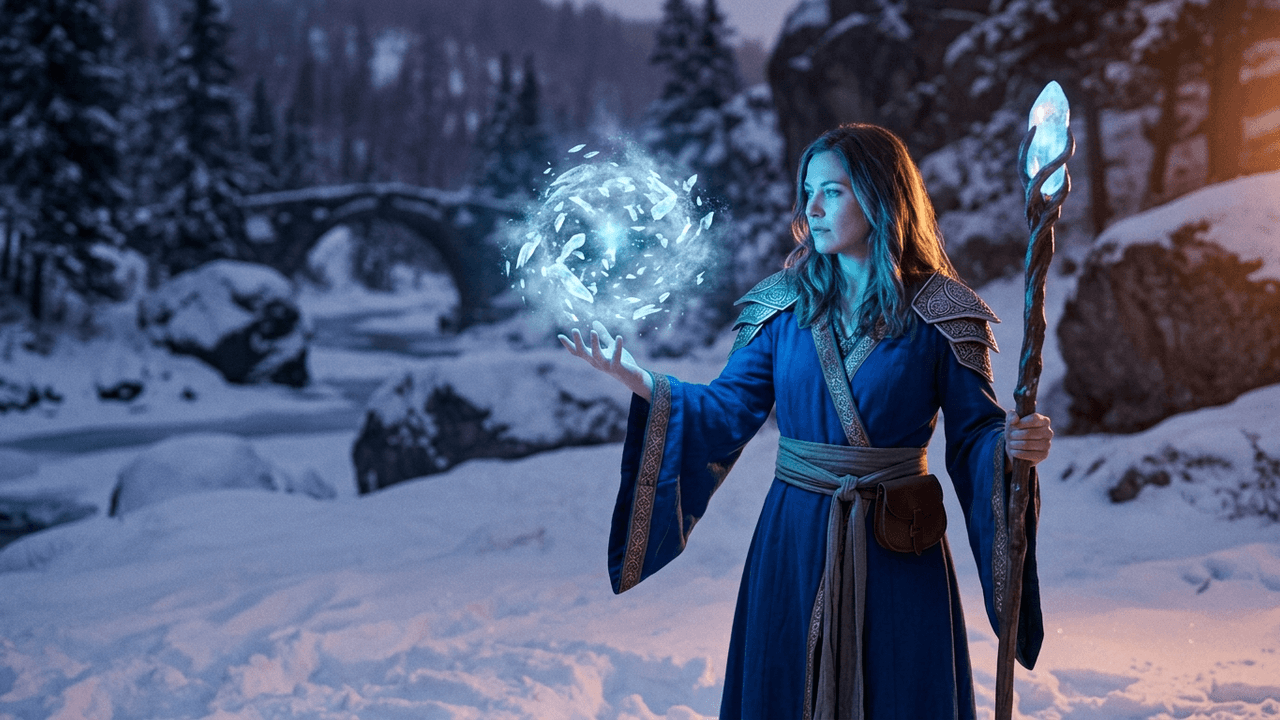 Filmstandbild: eine Magierin in tiefblauer Robe mit goldenen Borten und verzierten Schulterstücken steht mit einem Kristallstab in einem verschneiten Gebirgstal bei Abendlicht und formt über ihrer offenen linken Hand eine leuchtende Kugel aus Eissplittern, im Hintergrund Tannen und eine Steinbrücke