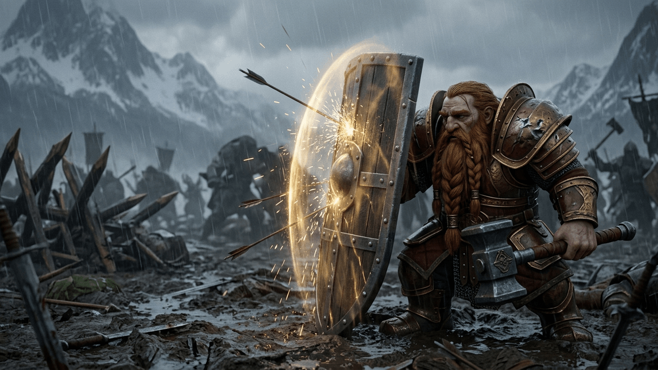 Filmstandbild: ein Zwergenpaladin mit langem geflochtenem roten Bart in bronzefarbener Plattenrüstung mit übergroßen Schulterstücken stemmt sich auf einem regennassen Schlachtfeld vor verschneiten Bergen hinter einen großen Turmschild, an dem eine goldene Lichtbarriere Pfeile abfängt, in der anderen Hand ein Einhandhammer