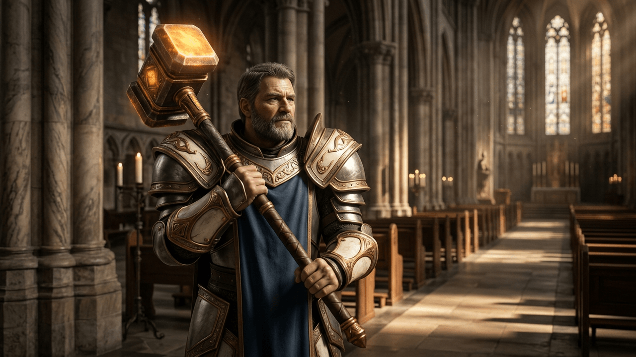 Filmstandbild: ein menschlicher Paladin mit kurzem grauem Bart in reich verzierter gold-weißer Plattenrüstung mit übergroßen Schulterstücken und blauem Wappenrock schultert einen zweihändigen Streithammer mit golden leuchtendem Kopf, hinter ihm das Kirchenschiff einer gotischen Kathedrale mit Buntglasfenstern und Lichtstrahlen im Staub
