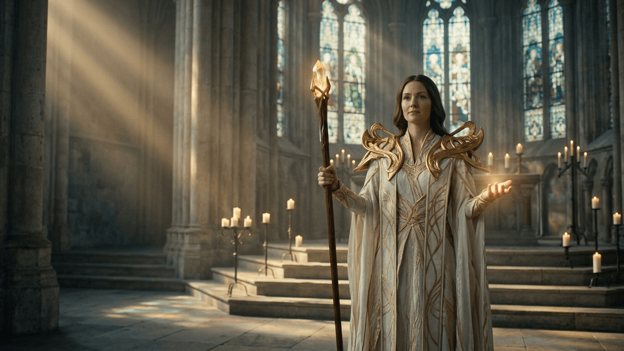 Filmisches Standbild: eine menschliche Priesterin in weiß-goldener Robe mit großen goldenen Flügel-Schulterstücken steht mit einem hohen Stab, dessen Spitze ein goldener Kristall ziert, im Schiff einer steinernen Kathedrale, über ihrer offenen linken Hand schwebt ein warmes Licht, durch hohe Buntglasfenster fallen Lichtstrahlen auf den Boden, dahinter Kerzen auf Steinstufen