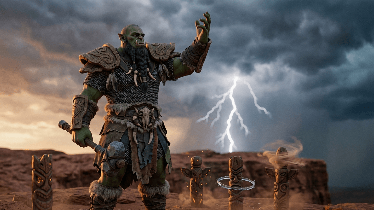 Illustration im Stil eines Filmstandbilds: ein grünhäutiger Orcschamane mit Hauern, geflochtenem Bart, Kettenhemd und übergroßen geschnitzten Holzschulterstücken steht auf einer roten Felsebene vor einem Gewitterhimmel, hebt eine Hand zum Blitz und hält in der anderen einen Streitkolben mit Steinkopf, vor ihm stecken vier geschnitzte Holztotems im Boden, eines mit Glut, eines von einem Wasserring umgeben