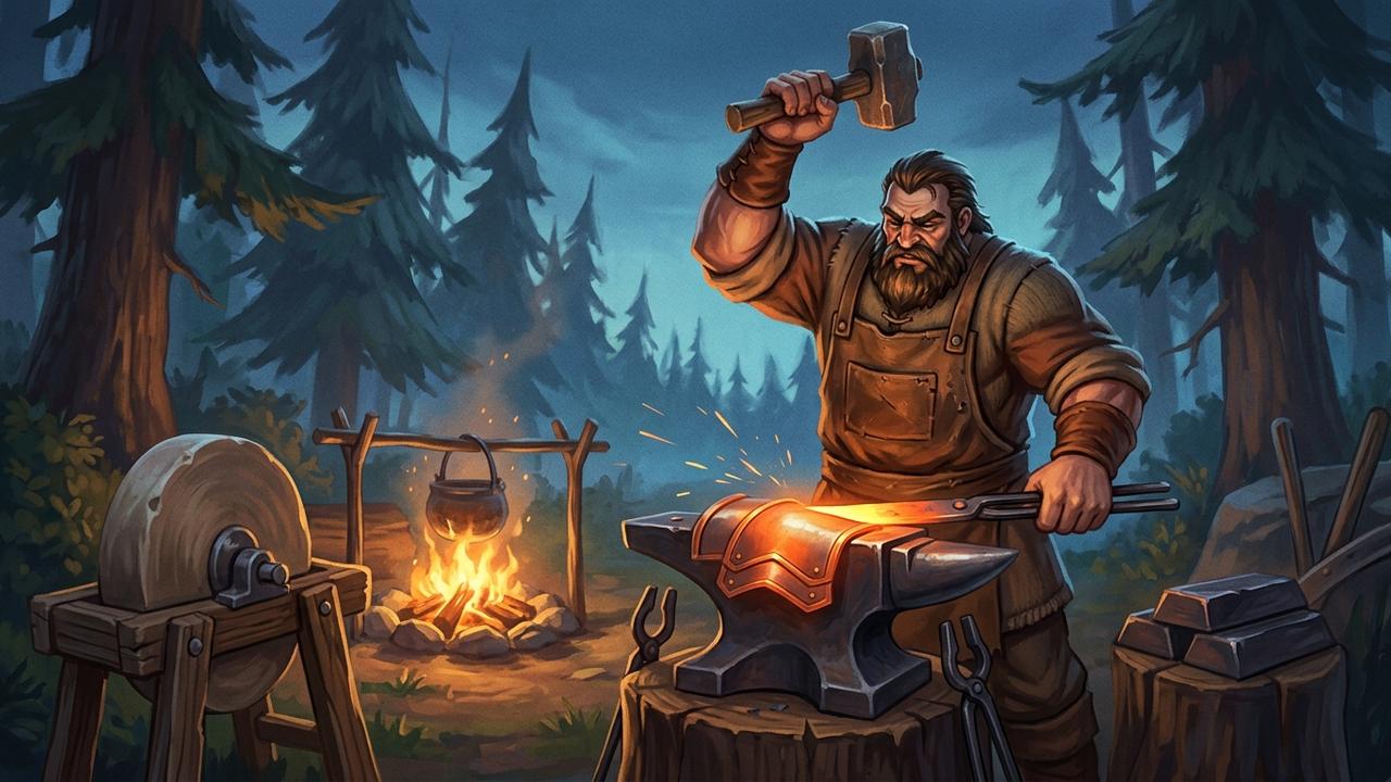 Illustration: ein kräftiger Schmied mit Lederschürze hebt auf einem Amboss neben einem Lagerfeuer den Hammer über ein glühendes Plattenteil, daneben ein Schleifstein und ein Stapel Metallbarren, im Hintergrund dämmriger Wald