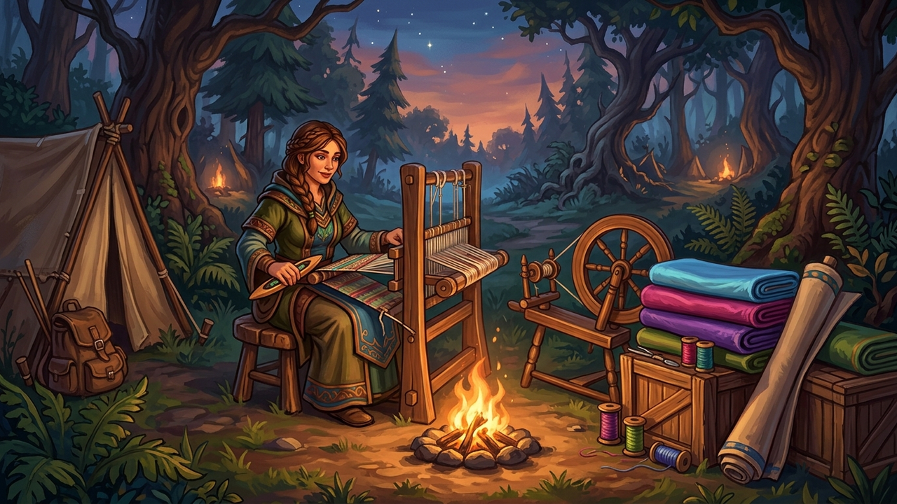Illustration: eine Schneiderin in einer Robe sitzt am Lagerfeuer an einem hölzernen Webstuhl, daneben ein Spinnrad, gestapelte Stoffballen in Blau und Violett und ein aufgerolltes Banner, im Hintergrund dämmriger Wald