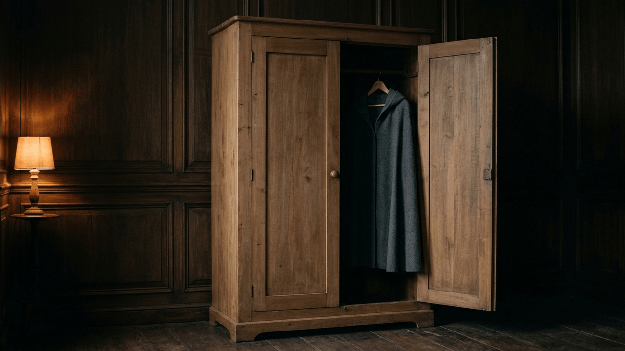 Illustration: ein alter Kleiderschrank aus hellem Holz in einem dunkel vertäfelten Raum, eine Tür steht offen, darin hängt ein einzelner dunkelgrauer Kapuzenumhang auf einem Holzbügel; links auf einem Beistelltisch eine kleine Lampe mit warmem Licht