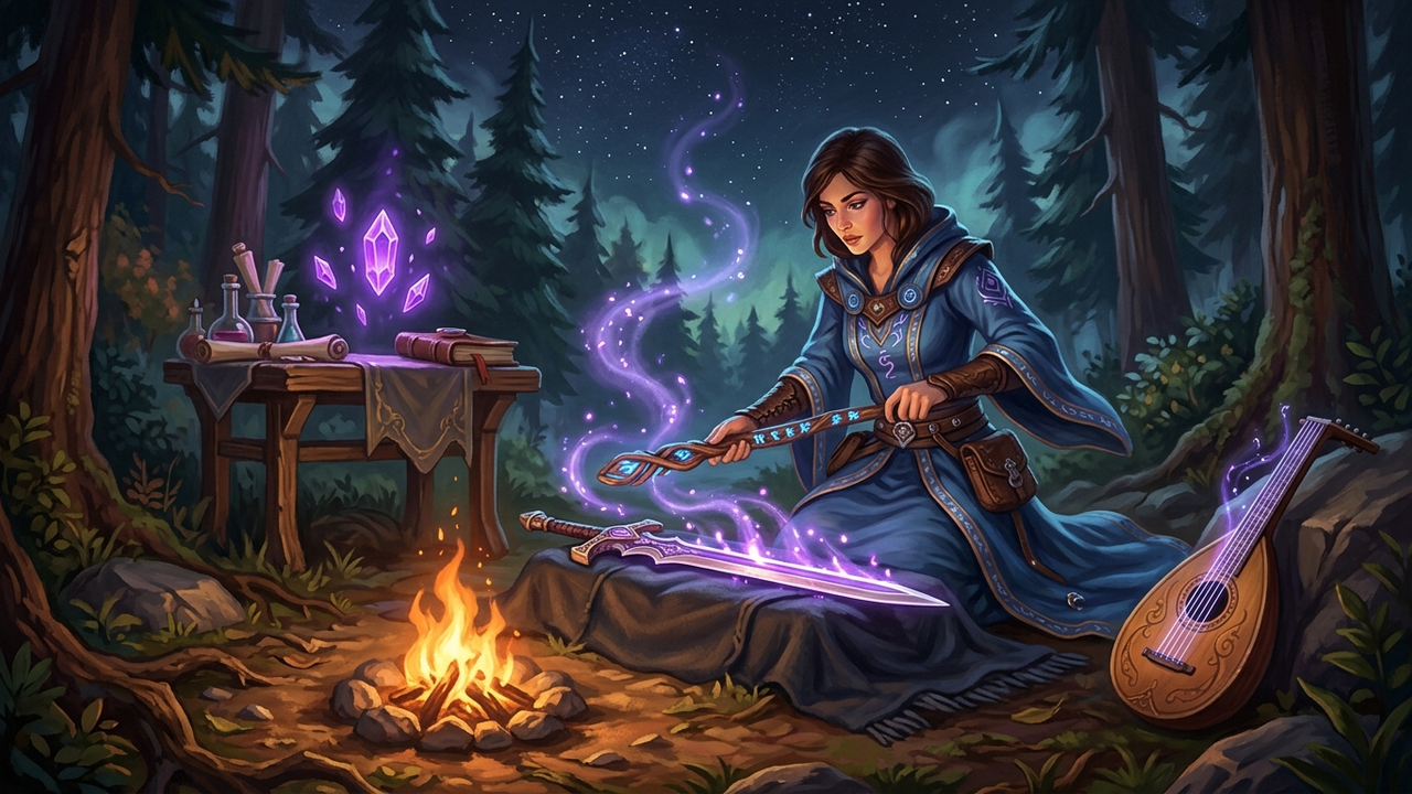 Illustration: eine Verzaubererin in blauer Robe hält an einem nächtlichen Lagerfeuer einen Runenstab über ein Schwert, aus dem violett schimmernder Staub aufsteigt, daneben eine Laute und ein kleiner arkaner Tisch mit leuchtenden Kristallen