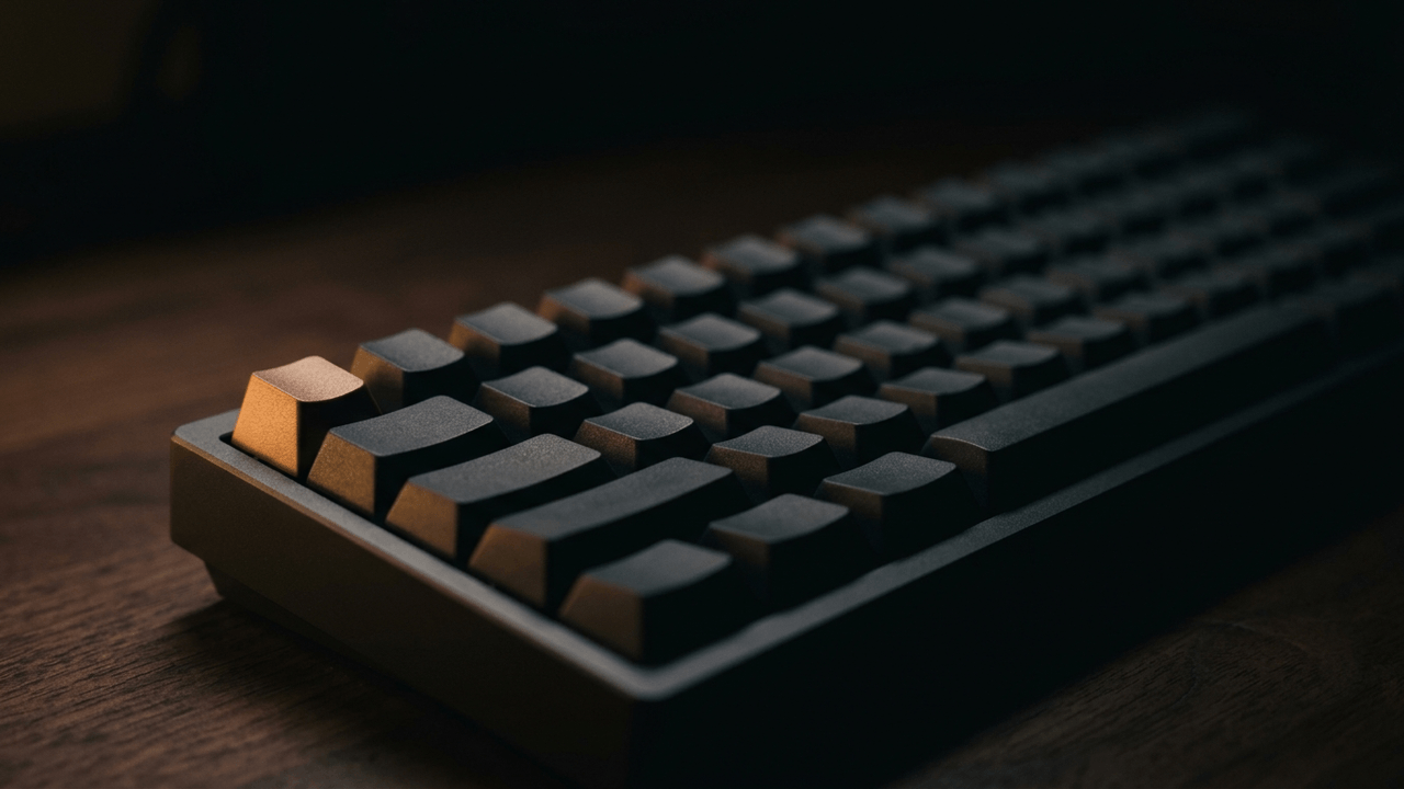 Illustration: eine Reihe schlichter dunkler Tasten einer Tastatur aus niedrigem Winkel, alle Kappen leer und unbeschriftet, die Tasten am linken Rand fangen ein warmes Licht