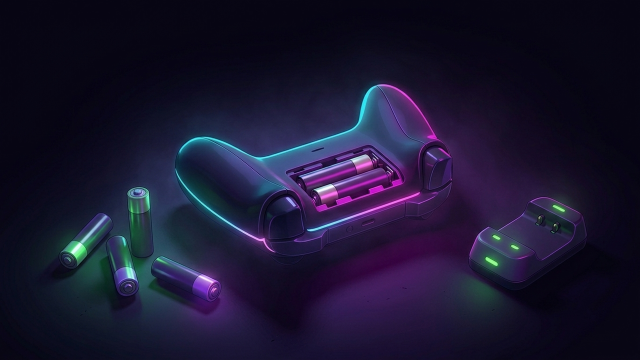 Xbox-Controller mit geöffnetem Batteriefach, daneben AA-Akkus und eine Ladestation in Neon-Grün, Illustration im Neon-Stil