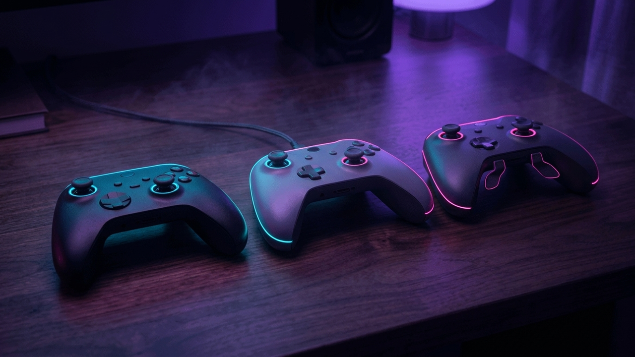 Illustration: drei erfundene Gamepads mit versetzten Analogsticks nebeneinander auf einem dunklen Holzschreibtisch, eines kabellos, eines mit Kabel, eines mit Rücktasten, warmes Lampenlicht, keine Beschriftung