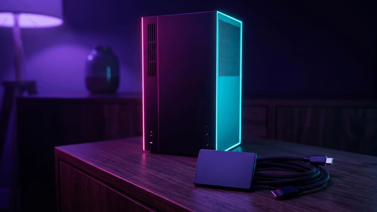 Illustration: eine schlichte schwarze Spielkonsole steht auf einem Sideboard, davor liegen eine flache Speicherkarte im Kartenformat und ein aufgerolltes USB-Kabel